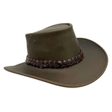 Brown leather hat with braided band on a white background
