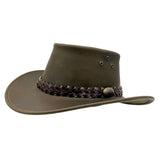 Brown leather hat with braided band on a white background