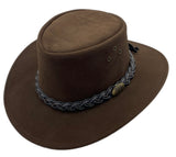 Side profile of brown suede hat with braided hatband.