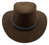rear profile of brown suede hat with braided hatband.