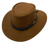 Top-down view of brown suede hat with braided band