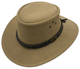 Angled front shot of sand suede outback bush hat
