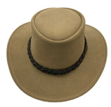Top-down view of tan suede hat with braided band