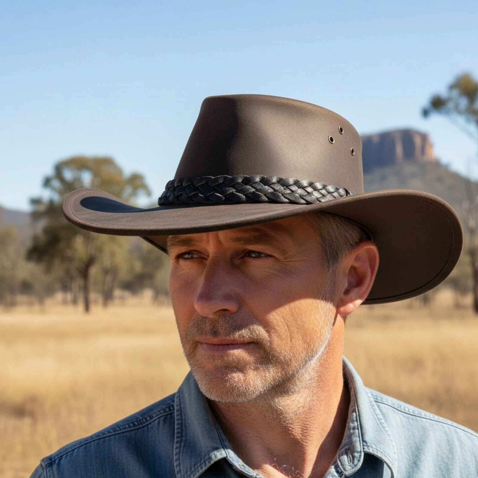 Man wearing a brown Tiger King Hat in an outdoor setting with trees and mountains.