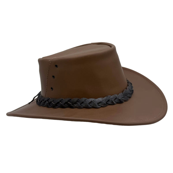Brown Jacaru 1015 Capricorn Hat with braided black band on a white background