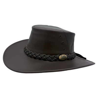 Brown Capricorn Hat with braided band and logo on a white background