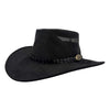 Black cowboy hat with braided band and button on a white background