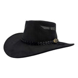 Black cowboy hat with braided band and button on a white background