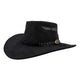 Black cowboy hat with braided band and button on a white background