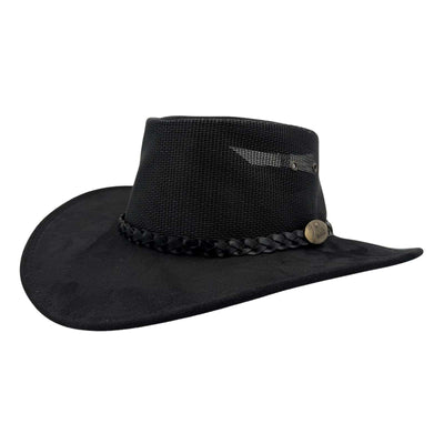 Black cowboy hat with braided band and button on a white background