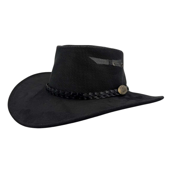 Black cowboy hat with braided band and button on a white background