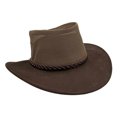 Brown cowboy hat with mesh crown on a white background