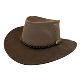 Brown cowboy hat with a braided band on a white background