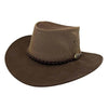 Brown cowboy hat with a braided band on a white background