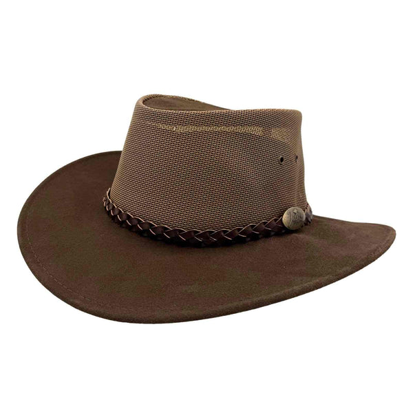 Brown cowboy hat with braided band and button on a white background