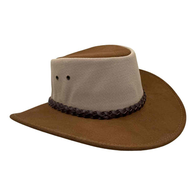 Brown and beige hat with a braided band on a white background