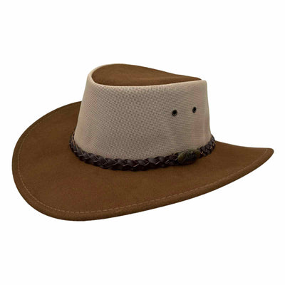 Brown and beige cowboy hat with a braided band on a white background