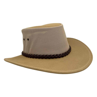 Beige wide-brimmed hat with a brown leather band on a white background