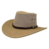 Beige cowboy hat with a braided brown band on a white background