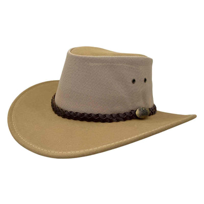 Beige cowboy hat with a braided brown band on a white background