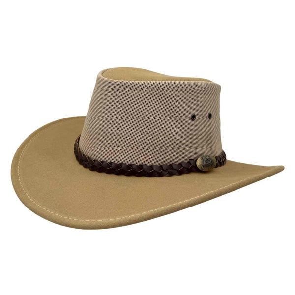 Beige cowboy hat with a braided brown band on a white background
