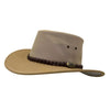 Beige cowboy hat with braided band and button on a white background