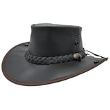 A dark brown Jacaru 101 Boundary Rider Bovine Leather Hatwith a chin strap, featuring a wide brim and a decorative braided band around the crown.