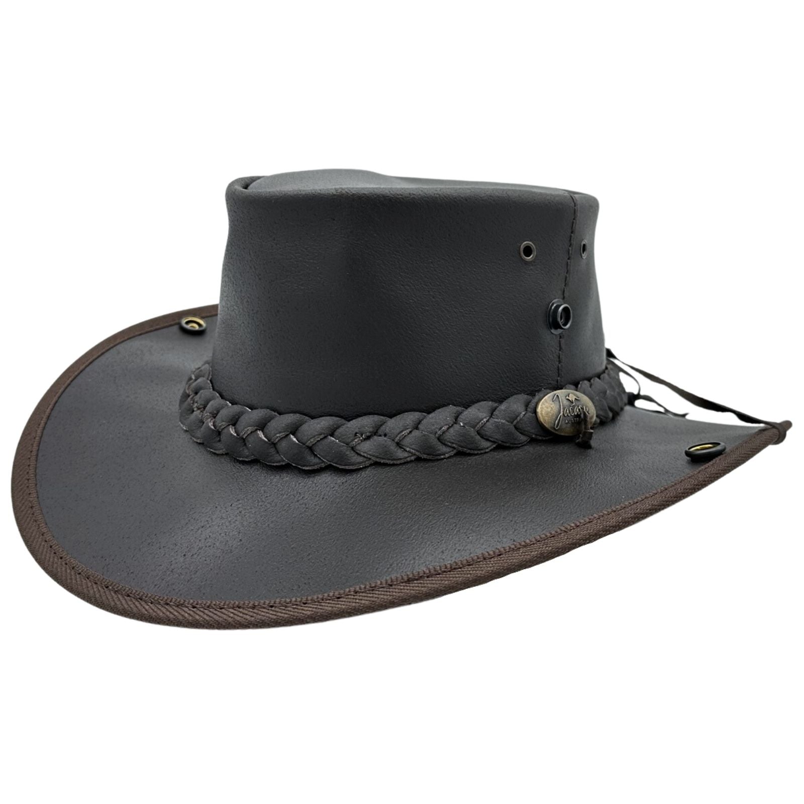 A dark brown Jacaru 101 Boundary Rider Bovine Leather Hatwith a chin strap, featuring a wide brim and a decorative braided band around the crown.