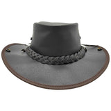 A dark brown Jacaru 101 Boundary Rider Bovine Leather Hat with a chin strap, featuring a wide brim and a decorative braided band around the crown.