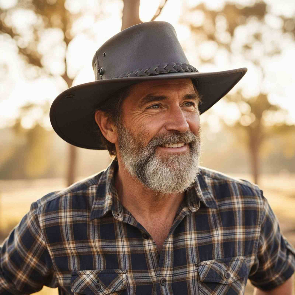 Man wearing a Jacaru 101 Boundary Rider Bovine Leather Hat and plaid shirt in a natural setting
