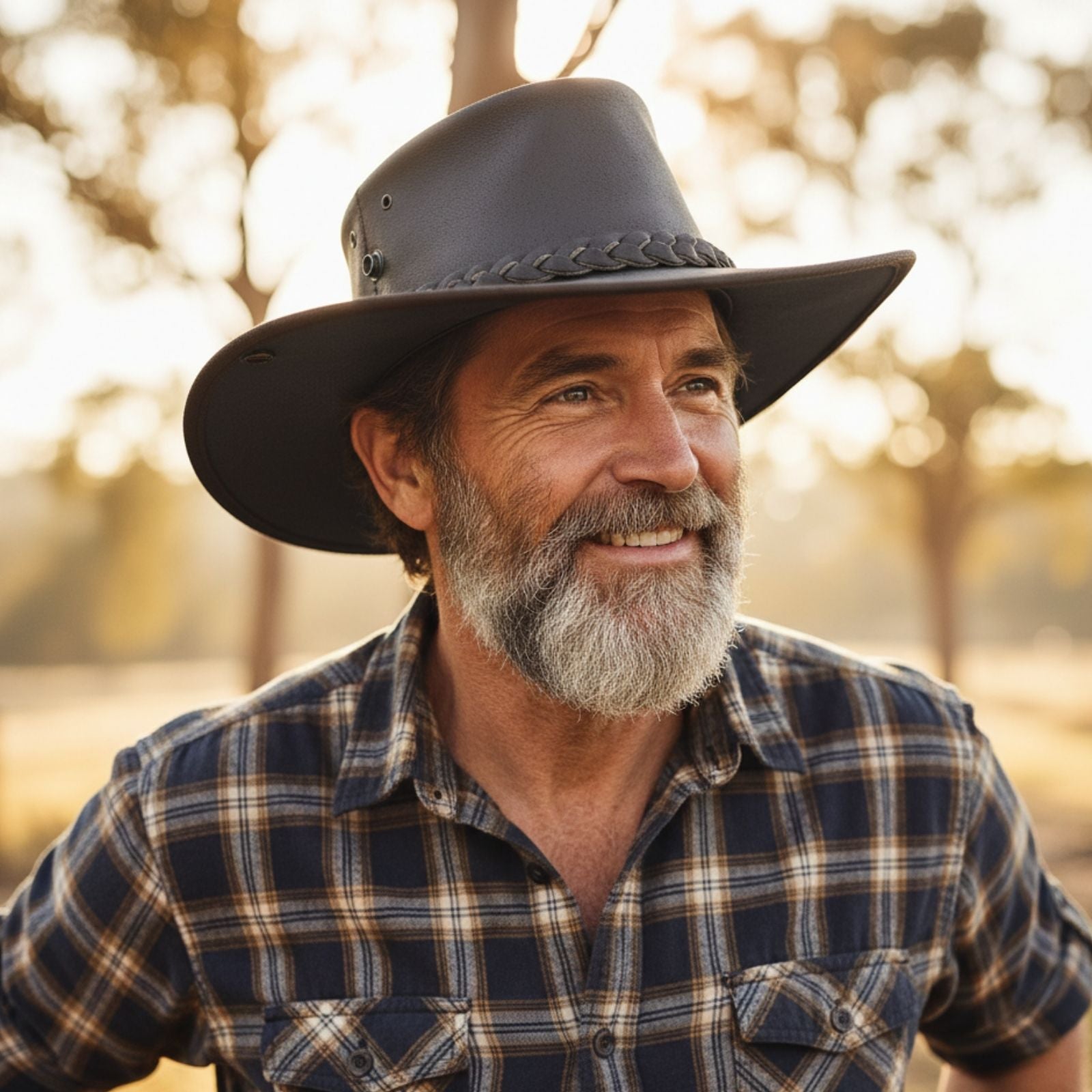 Man wearing a Jacaru 101 Boundary Rider Bovine Leather Hat and plaid shirt in a natural setting