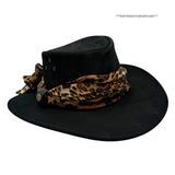 Black Jacaru 1020 Jillaroo Hat with a leopard print scarf on a white background