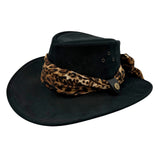 Black Jacaru 1020 Jillaroo Hat with a leopard print band on a white background