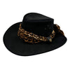 Black Jacaru 1020 Jillaroo Hat with a leopard print band on a white background
