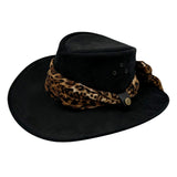 Black Jacaru 1020 Jillaroo Hat with a leopard print band on a white background