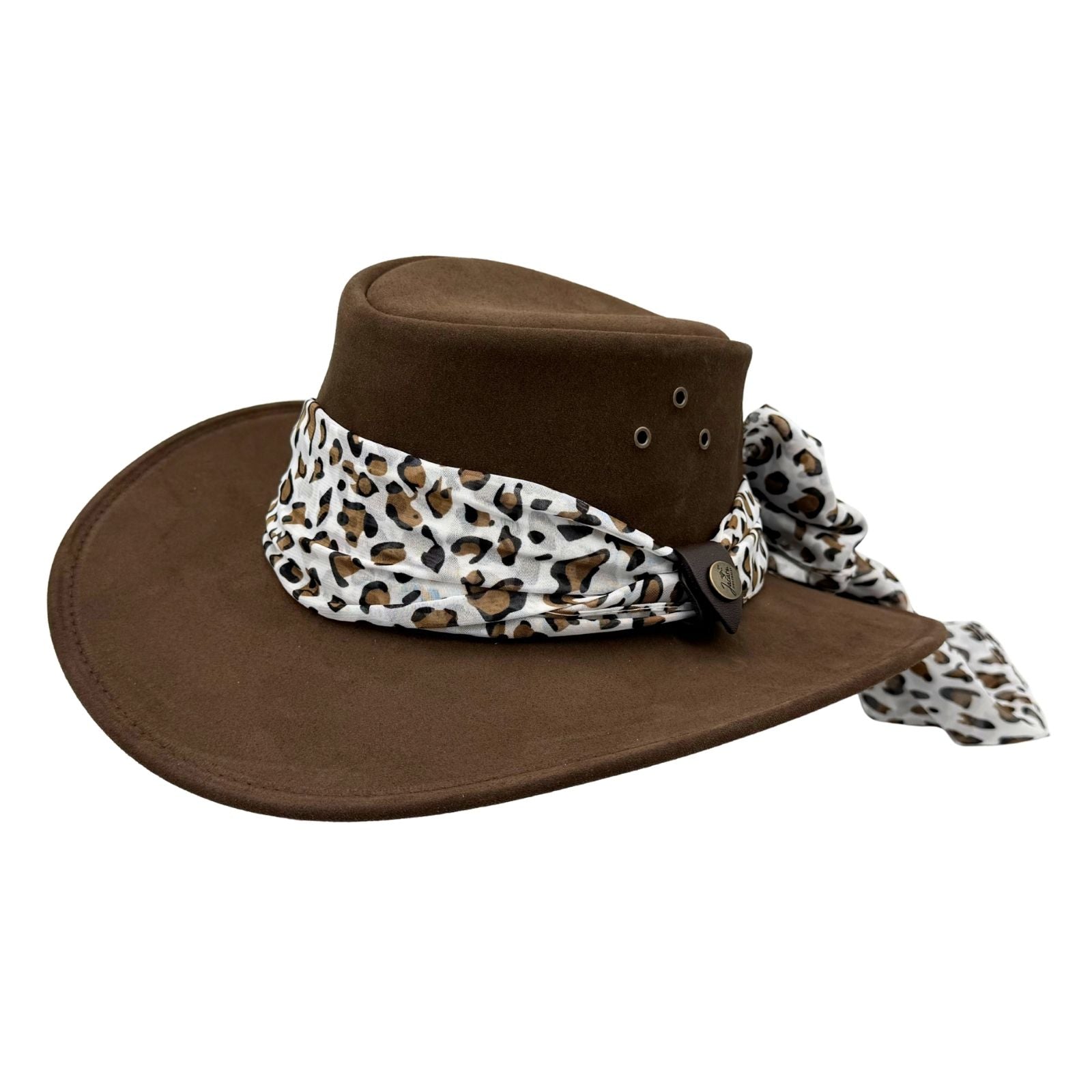 Brown Jacaru 1020 Jillaroo Hat with a leopard print bandana on a white background