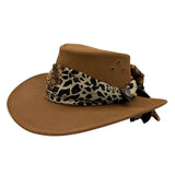 Mushroom Jacaru 1020 Jillaroo Hatwith a leopard print bandana on a white background