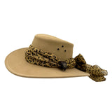 sand Jacaru 1020 Jillaroo Hatwith a leopard print bandana on a white background