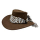 Brown Jacaru 1020 Jillaroo Hat with a leopard print bandana on a white background