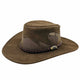 A brown Jacaru 1021 Blaze hat with a mesh crown and bovine leather, featuring a decorative detail on the front.