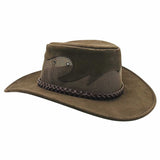 A brown Jacaru 1021 Blaze hat with a mesh crown and bovine leather, featuring a decorative detail on the front.