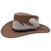 A Mushroom Jacaru 1021 Blaze hat with a mesh crown and bovine leather, featuring a decorative detail on the front.