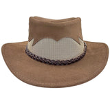 A Mushroom Jacaru 1021 Blaze hat with a mesh crown and bovine leather, featuring a decorative detail on the front.