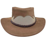 A Mushroom Jacaru 1021 Blaze hat with a mesh crown and bovine leather, featuring a decorative detail on the front.