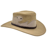 A beige Jacaru 1021 Blaze hat with a mesh crown and bovine leather, featuring a decorative detail on the front.