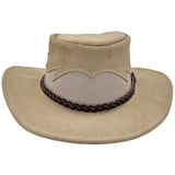 A beige Jacaru 1021 Blaze hat with a mesh crown and bovine leather, featuring a decorative detail on the front.