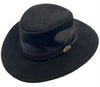 A Black Jacaru 1021 Blaze hat with a mesh crown and bovine leather, featuring a decorative detail on the front.
