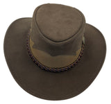 A BrownJacaru 1021 Blaze hat with a mesh crown and bovine leather, featuring a decorative detail on the front.