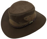 A Brown Jacaru 1021 Blaze hat with a mesh crown and bovine leather, featuring a decorative detail on the front.
