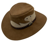 A Brown Jacaru 1021 Blaze hat with a mesh crown and bovine leather, featuring a decorative detail on the front.